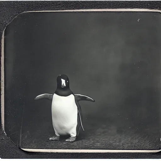 Prompt: ! dream tintype photo of a penguin playing, 1 8 8 0 s