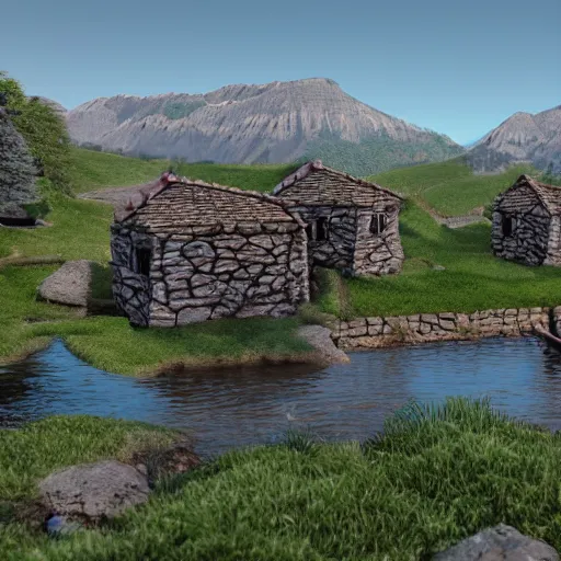 Image similar to a village built on a tarn, mountain lake, highly detailed, 8k, Unreal Engine, render