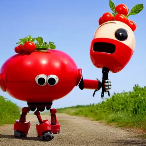 Image similar to cute robot wearing a tomato hat and a walking stick, trekking in a forest, pixar style