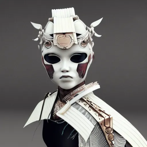 Prompt: gorgeous female samurai with full warrior armor, 3 d render, futuristic biomechanical, porcelain ivory mask, hyper realistic, cinematic, octane render, 8 k