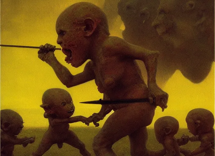 Prompt: bald barbarian girl fighting small cute goblins by Beksinski