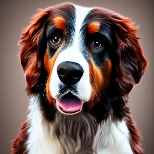 Image similar to portrait of a cute bernese dog, art by elke vogelsang, 8 k ultra realistic, trending on artstation, 4 k, hyperrealistic, focused, extreme details, unreal engine 5, cinematic, masterpiece