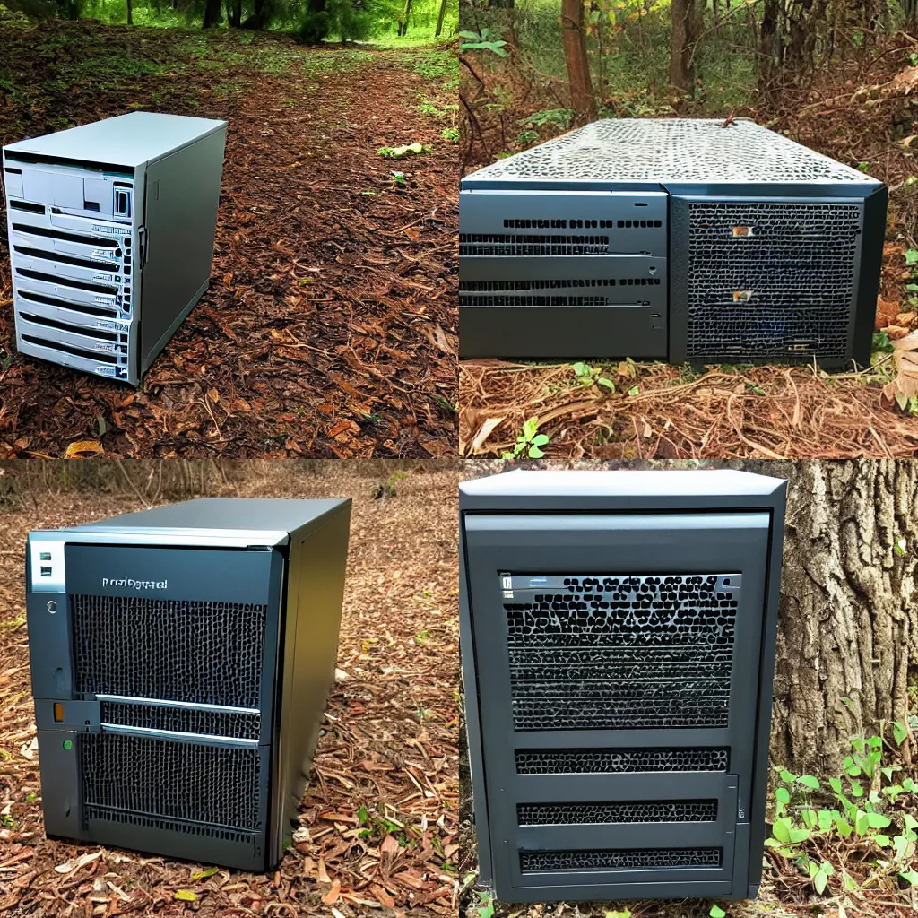 Prompt: one HPE ProLiant DL380 server, top open, vintage, outside on the ground in the woods, tiny mice living inside, vines overflowing, rusty