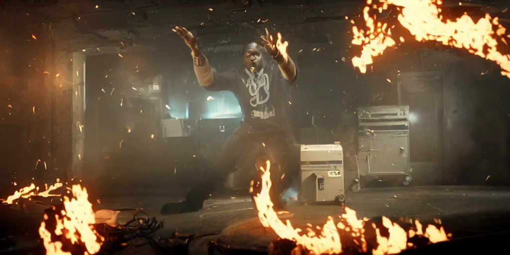 Image similar to a film still of cash money on fire while piling up in a vault, shallow depth of field, cinematic, award winning cgi, vfx, film still