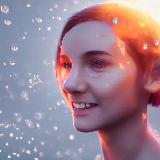 Image similar to Teenage female Mage, outdoors lighting, astral background, symmetrical face and body, confident, smile, detailed moisture, detailed droplets, detailed intricate hair strands, DSLR, ray tracing reflections, eye reflections, focused, unreal engine 5, vfx, post processing, post production, Arcane Style, 8k