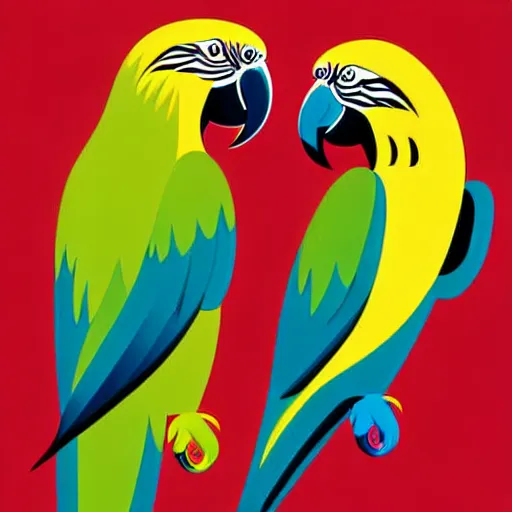 Image similar to parrots playing with one another wide angle shot, white background, vector art, illustration by frank frazetta