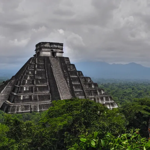 Image similar to a photo of cyberpunk city of tikal in guatemala with futuristic architecture and futuristic mayan aesthetic