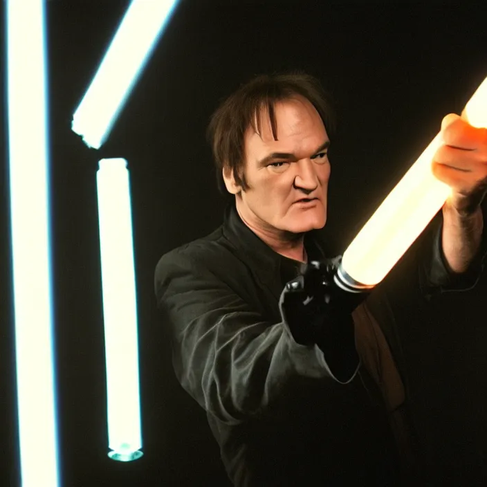 Image similar to quentin tarantino raising a lightsaber, giving thumbs up. without characters. black background. cinematic trailer format.