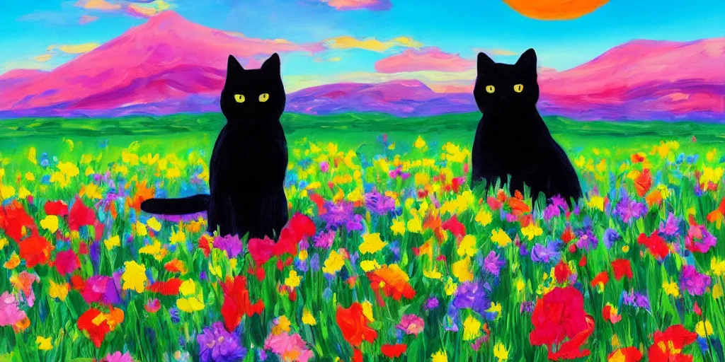 Image similar to beautiful black cat in a field of flowers, mountain sunrise, painted by Peter Max, detailed , clear, trending on artstation