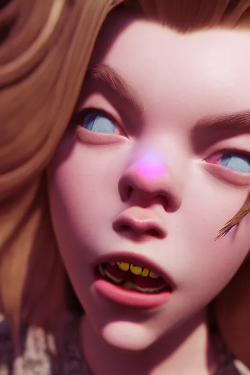 Image similar to anya taylor joy silly selfie with a pulled out tongue, pixar, volumetric lighting, epic composition, hyper detailed, ultra realistic, sharp focus, octane render, volumetric, ray tracing, artstation trending, cgsociety, sense of awe, 4 k