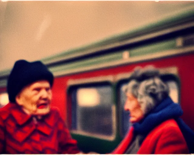 Image similar to a lomography photo of rumble between two grandmoms in soviet train this morning, bokeh,