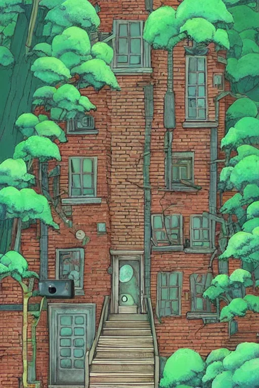 Image similar to (((((a ramshackle manhattan brick brownstone deep in the forest))))) by Studio Ghibli!!!!!!!!!!!!!!!!!!!!!!!!!!!