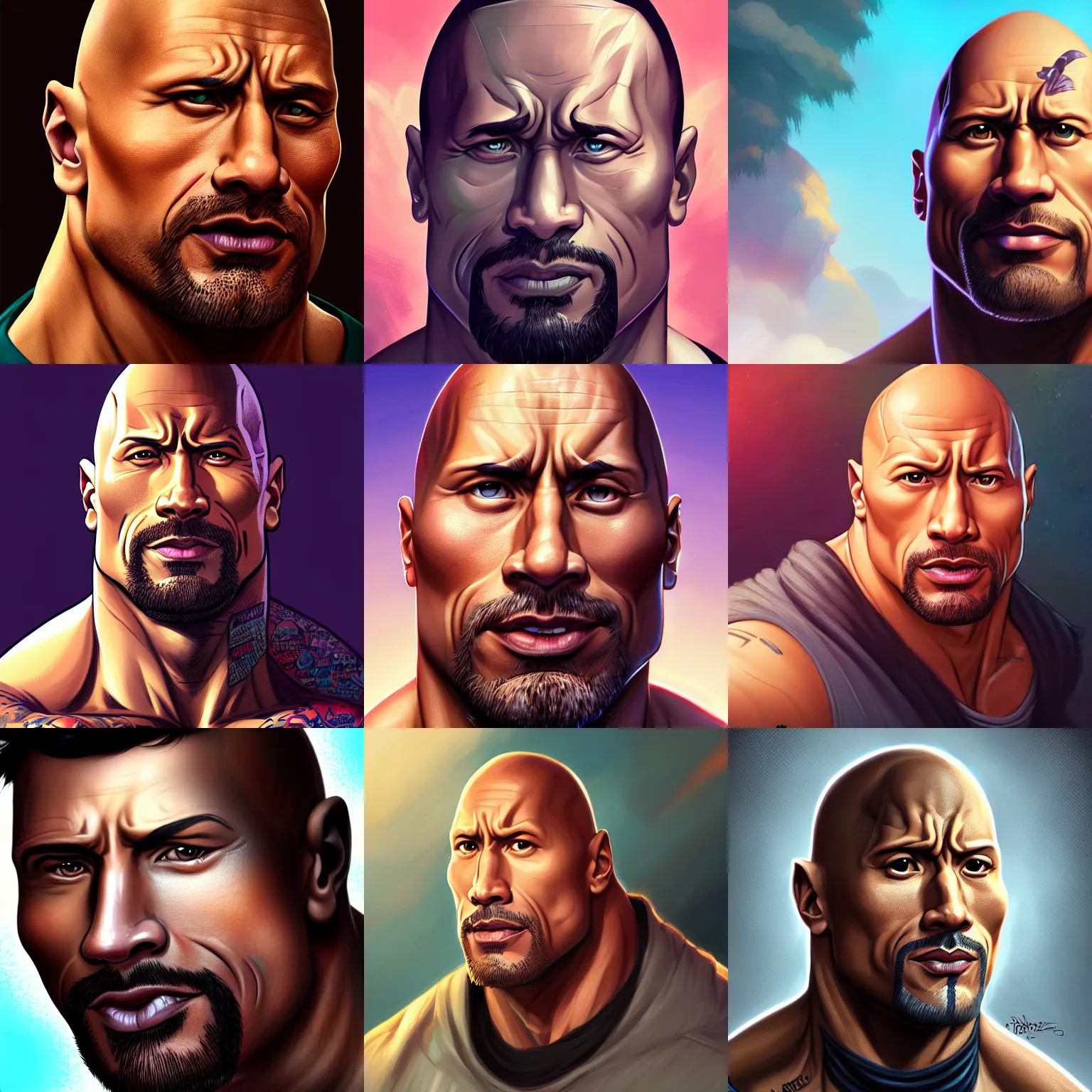 Prompt: a portrait of dwayne johnson, closeup, art by lois van baarle and loish and ross tran and rossdraws and sam yang and samdoesarts and artgerm and saruei and disney, digital art, highly detailed, intricate, sharp focus, trending on artstation hq, deviantart, unreal engine 5, 4 k uhd image