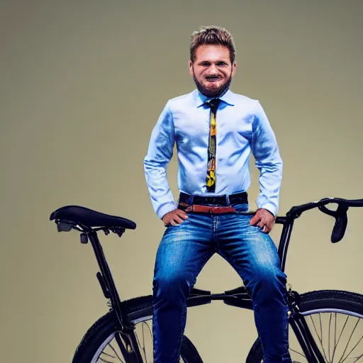 Image similar to matthias dandois wearing a flat bible shirt and riding a tiny bicycle portrait detailed