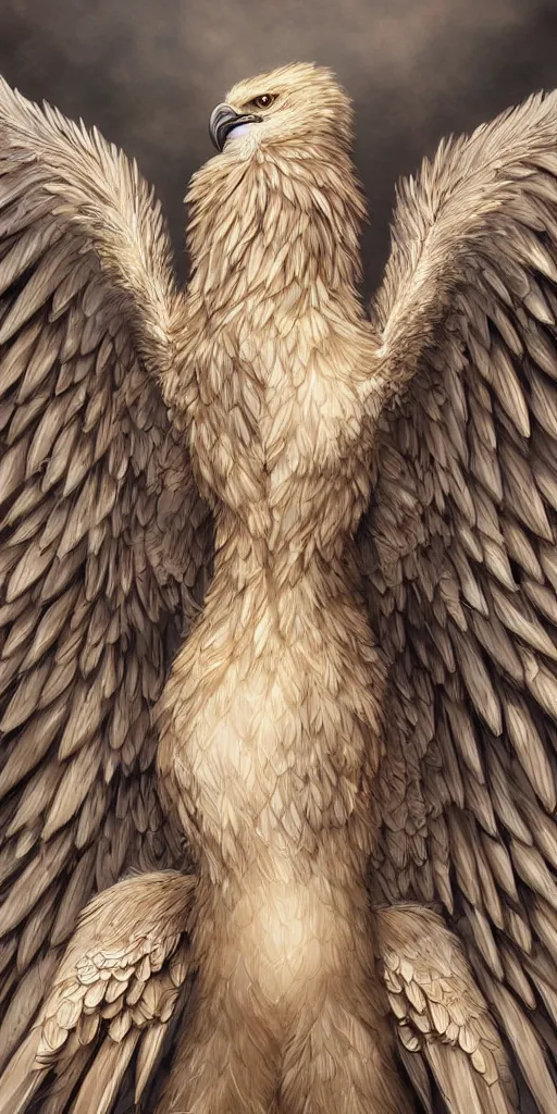 Prompt: a powerful griffin, professionally retouched, soft lighting, powerful, realistic, smooth feathers, perfect golden eyes, wide angle, sharp focus on whole body, 8 k high definition, insanely detailed, intricate, elegant, art by artgerm and wlop
