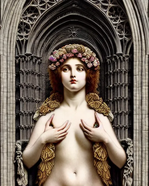 Image similar to hyperrealistic detailed portrait of a beautiful young goddess morphing into a gothic cathedral, authentic ornamental architecture, art by ernst haeckel, john william godward, android jones, h. r. giger, gothic, neo - gothic, heavily ornamental,