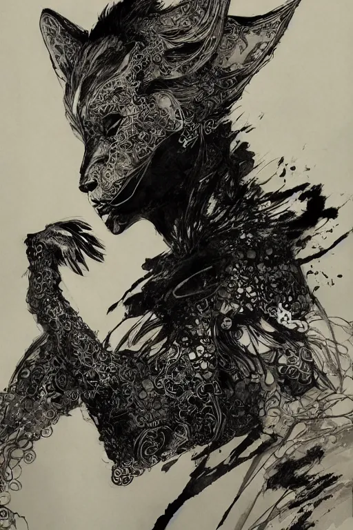 Prompt: portrait of a girl in kitsune demon fox mask and black suit, pen and ink, intricate line drawings, by craig mullins, ruan jia, kentaro miura, greg rutkowski