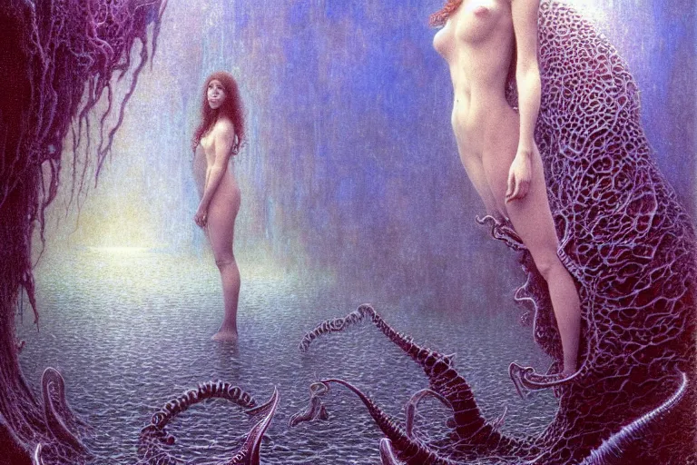 Image similar to cute young alyson hannigan with short hairs in lovecraftian underwater realm by jean delville by luis royo and wayne barlowe, beksinski