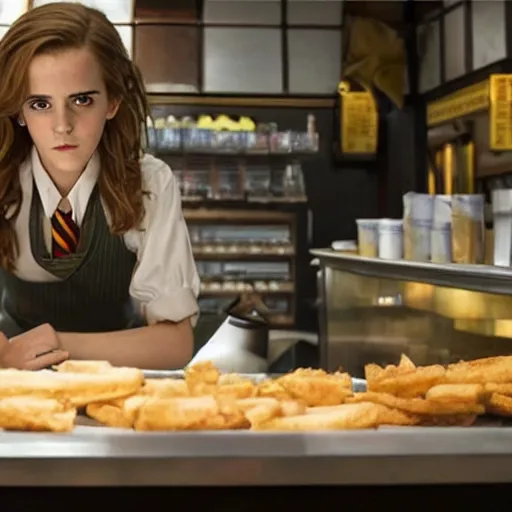 Image similar to Still of Emma Watson as Hermione Granger working the counter at a fast food restaurant. Prisoner of Azkaban. During golden hour. Extremely detailed. Beautiful. 4K. Award winning.