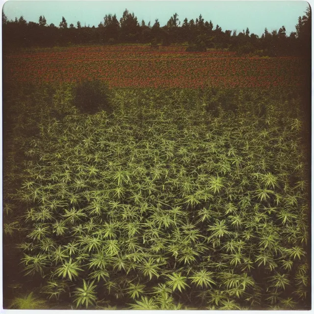 Prompt: very beautiful polaroid photo of a cannabis field near a pond on a clear day with a rainbow