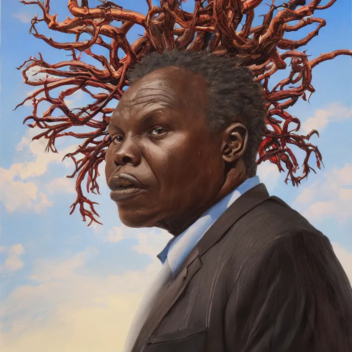 Image similar to a painting of a XXL wise elder from Kenya in a suit by Kehinde Wiley . dramatic angle, ethereal lights, details, smooth, sharp focus, illustration, realistic, cinematic, artstation, award winning, rgb , unreal engine, octane render, cinematic light, macro, depth of field, blur, red light and clouds from the back, highly detailed epic cinematic concept art CG render made in Maya, Blender and Photoshop, octane render, excellent composition, dynamic dramatic cinematic lighting, aesthetic, very inspirational, arthouse.