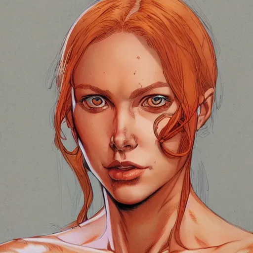 Image similar to a beautiful comic shot artwork portrait of a red-headed woman by Jerome Opeña, featured on artstation