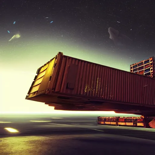 Image similar to spaceship made of shipping containers, black background, eve online, the expanse, long shot, gritty, industrial