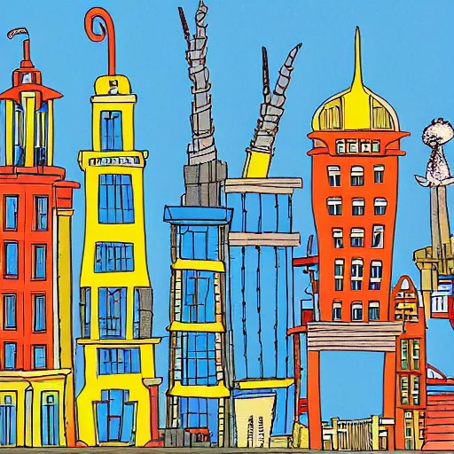 Image similar to buildings, illustration by dr seuss, with towers, bridges, stairs