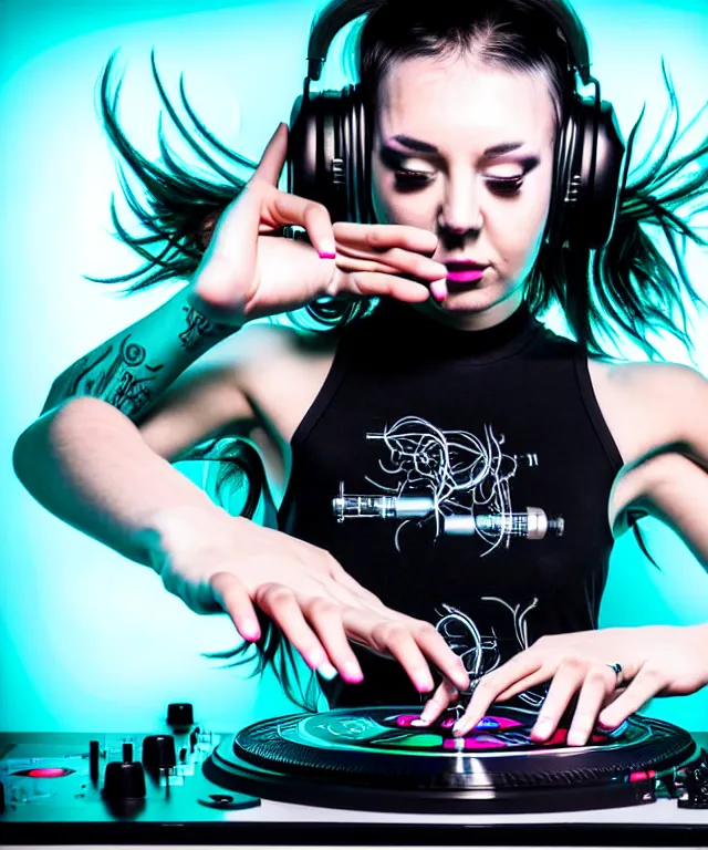 Prompt: android female DJ with 8 arms, plays on 8 vinyl decks at once, records in each hand. technics, Turntablist, hip-hop, scratch DJ, rave, performance, DMC Championships, future, cheering crowds, sell out event, loud music, sci-fi, fire eyes, face, blue and purple hair, intricate, elegant, highly detailed, RayTracing, digital painting, artstation, concept art, smooth, sharp focus, illustration, art by artgerm and greg rutkowski and alphonse mucha