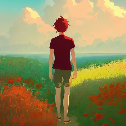 Prompt: red haired teen boy, flower fields and sand mountains in the background, digital painting, artstation, highly detailed, by makoto shinkai and thomas kindle and James gilleard