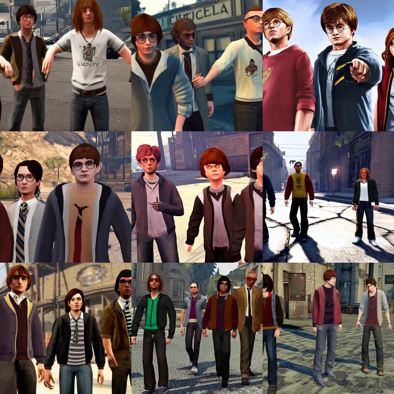 Prompt: The Harry Potter trio (Harry, Ron, Hermione) as gang members in the game 'Grand Theft Auto 5'