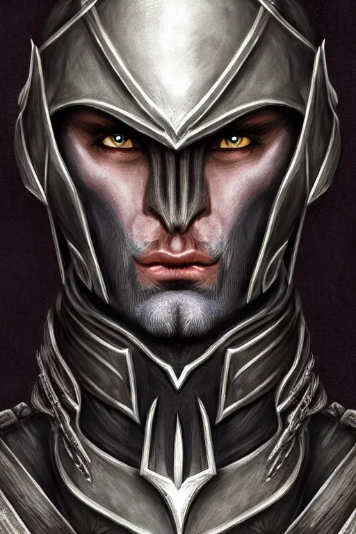 Prompt: head and shoulders portrait of an eldrich knight, drow, dark elf, shadar kai, breastplate, magical, male, high fantasy, d & d, by miro petrov, face details, extremely detailed, digital illustration