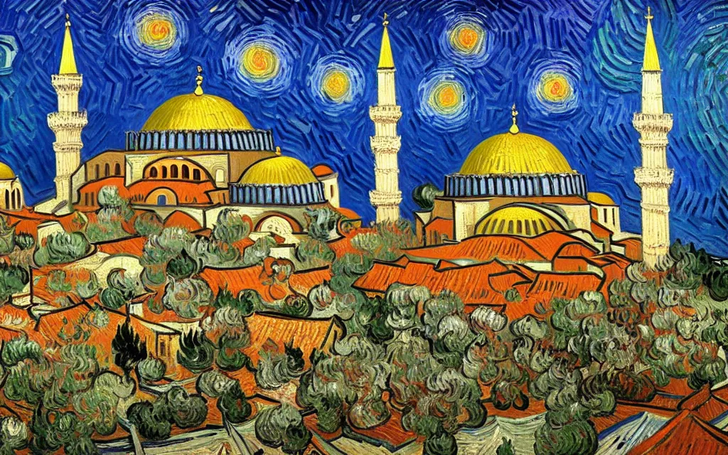 Prompt: detailed expressionist oil painting by van gogh of the hagia sophia church of constantinople, beautiful byzantine architecture, landscape painting, expressionism, 8 k resolution, smooth, sharp focus, matte painting, dramatic lighting, small bushstrokes