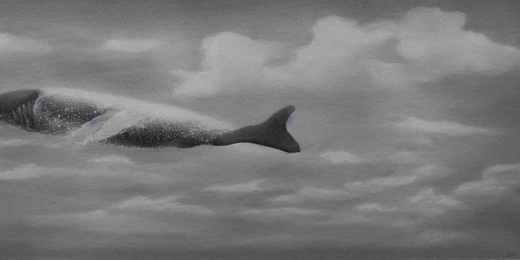 Prompt: a whale swimming in the sky, a dark cloudy day, a shot from skyscrapper, pencil drawing, ultra realistic, dmt