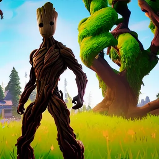 Prompt: Groot in Fortnite. Unreal Engine, Fortnite game graphics