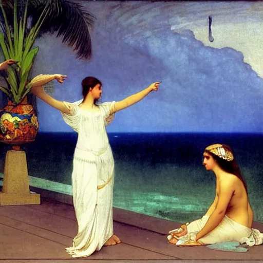 Image similar to Girl throwing gand signs at the palace, thunderstorm, pool, beach and palm trees on the background major arcana sky, by paul delaroche, alphonse mucha and arnold böcklin arnold böcklin hyperrealistic 8k, very detailed