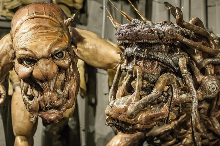 Prompt: photo taken of an epic intricate, ultra detailed, super realistic gritty, hero prop, exquisitely weathered animatronic movie prop of a lifelike sculpture of a nightmarish creature displayed in the workshop, created by weta workshop, full body shot, photorealistic, sharp focus