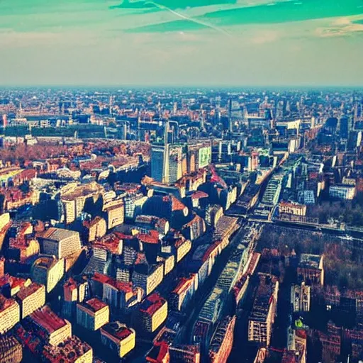 Image similar to warsaw postapocalyptic, panorama, bird's eye view