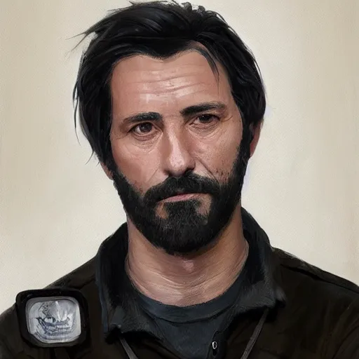 Image similar to Portrait of a man by Greg Rutkowski, he is about 40 years old, short black hair with bangs, his features are a mix between French, Turkish and Russian, dad vibes, he is wearing a white and black utility jumpsuit, highly detailed portrait, digital painting, artstation, concept art, smooth, sharp foccus ilustration, Artstation HQ.