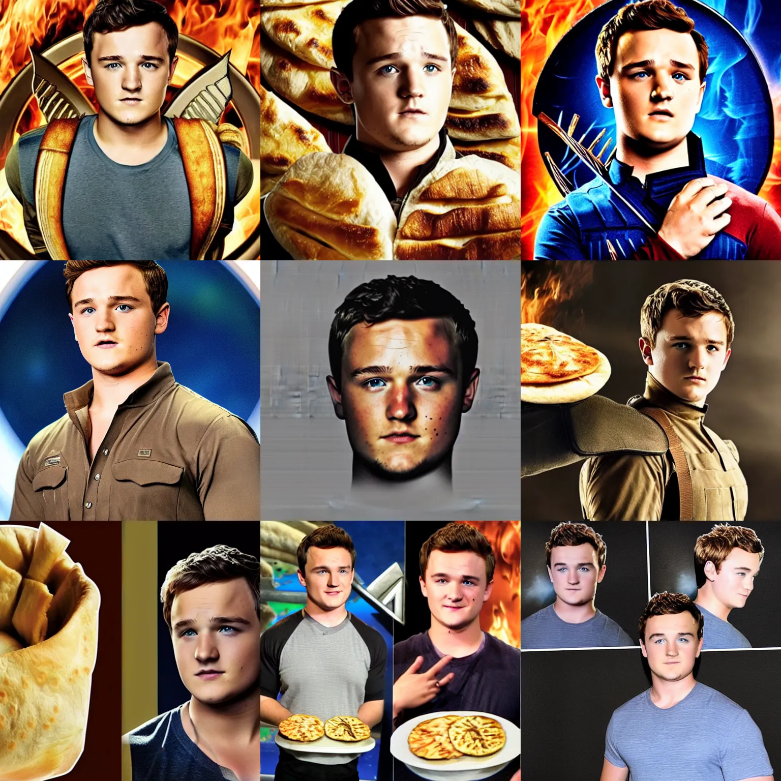 Prompt: a studio photo of peeta josh hutcherson head as a pita bread hunger games