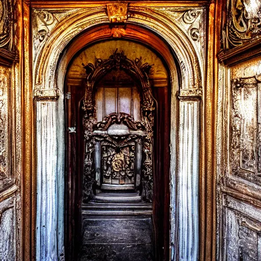 Image similar to a portal to new universe inside of an ornate door frame, wide angle, golden light, rainbows, vortex, 1 6 : 9,