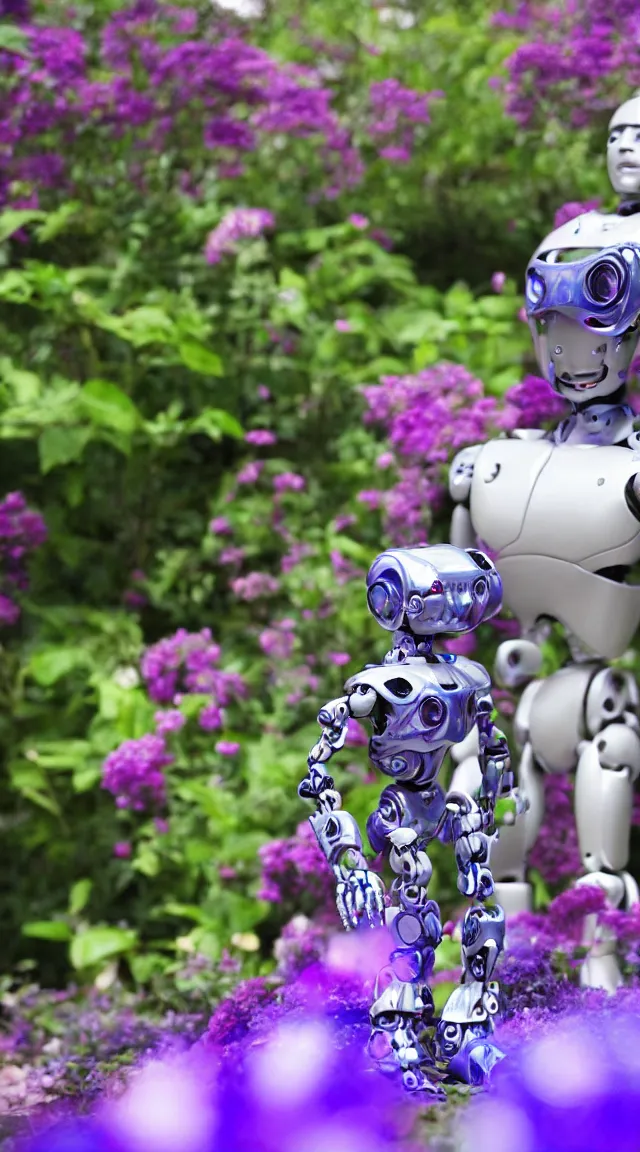 Image similar to toy humanoid robot in a garden, hyper detailed, sharp focus, bokeh, unreal engine, ray tracing, cute, fantasy, sci fi, purple flowers, blue flowers, violet flowers, glowing flowers, tiny, small, hyper realistic, sky