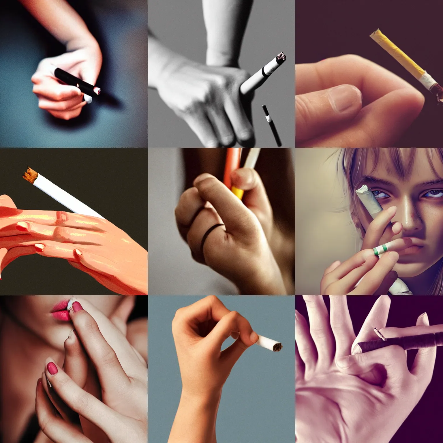 Prompt: a girl's hand holding a cigarette, to preserve the symmetry and geometry of the hands and fingers, highly detailed, super realistic, ultra detailed, realistic concept art