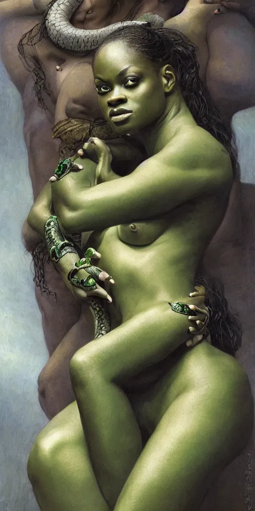 Image similar to epic masterpiece portrait of jada fire as a snake tattooed gymnast, followed by heads with many souls, beautiful face and flawless skin, perfect hands, emeralds by Edgar Maxence and Ross Tran and Michael Whelan