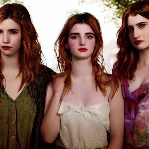 Image similar to young Emma Roberts and Thomasin McKenzie and young Mädchen Amick as a trio of goddesses of ravens looking searchingly into your eyes. minute detail. blended shadowing. tricolors. ultra colorful. perfect lighting. perfect pose. amazing creative portrait illustration. the best portrait of 3 beautiful goddesses in existence. large format image. image appears 3D.