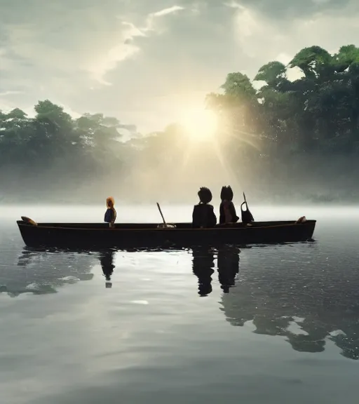 Prompt: three humans in a boat with a reflection of three crows in the chilean swamp, volumetric lighting, fog, majestic light, octane render, ethereal glare of the sun, hyperrealistic, epic, masterpiece, by makoto shinkai