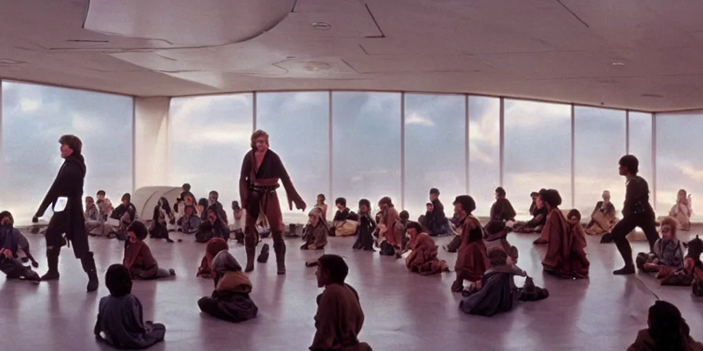 Prompt: A full color still of Mark Hamill as Jedi Master Luke Skywalker training a diverse room of young Jedi padawans, with large windows showing a sci-fi city outside, at dusk at golden hour, from The Phantom Menace, directed by Steven Spielberg, 1997