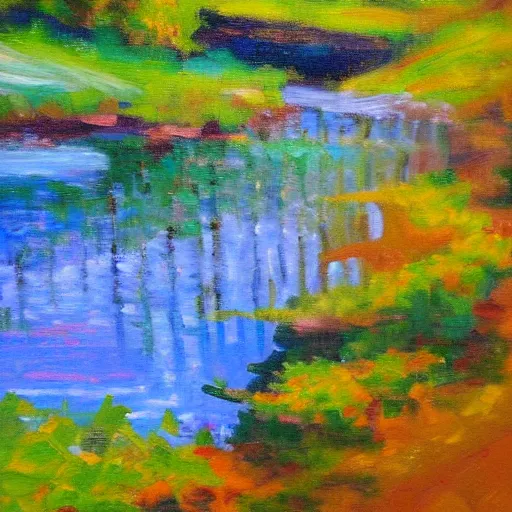 Image similar to a beautiful impressionist painting of a winding river, oils on canvas