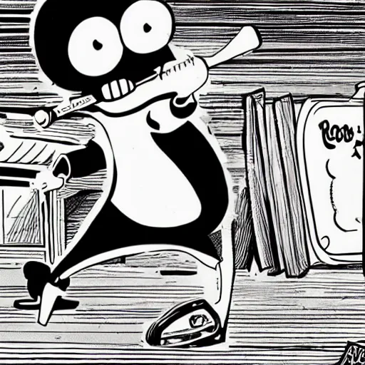 Prompt: a black and white photograph of a cartoonist destroying a computer with a baseball bat, in the style of gary baseman, robert crumb, photorealism, high contrast, soft lighting, film photography