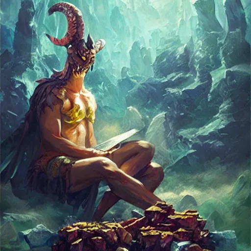 Prompt: Demon king eating gemstones while sitting on a treasure pile, oil painting by Greg Rutkowski